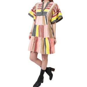 UNCLE FRANK global stripe pattern midi tiered ethic embroidered dress XS NWT